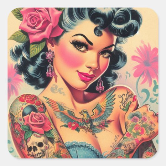 Retro Schattigee Tattooed Pin-up Vierkante Sticker (Voorkant)