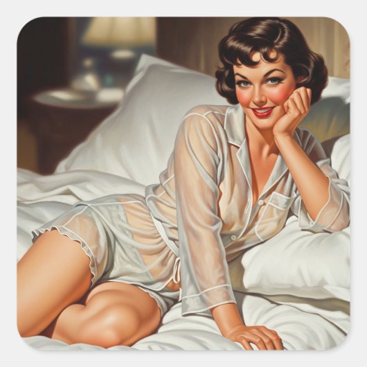 Retro Schattigee Vrouw '50 Pin-up Vierkante Sticker (Voorkant)