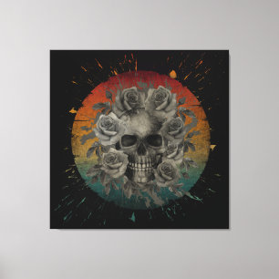 RETRO schedel EN BLOEMEN ZWART EN WIT Canvas Afdruk