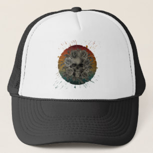 RETRO Schedel EN BLOEMEN ZWART EN WIT Trucker Pet