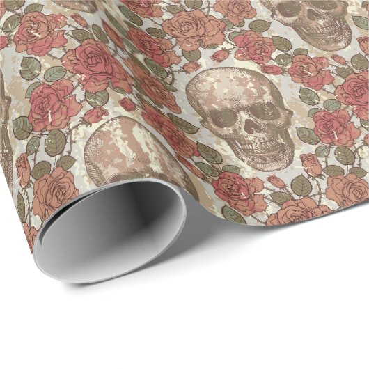 Retro schedels en Rozen Ornament Cadeaupapier (Rol Hoek)