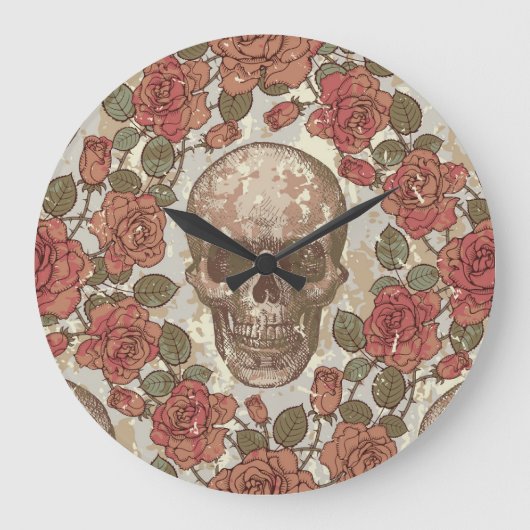 Retro schedels en Rozen Ornament Grote Klok (Voorkant)