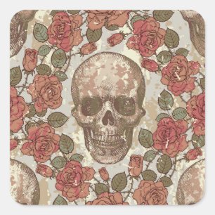 Retro schedels en Rozen Ornament Vierkante Sticker
