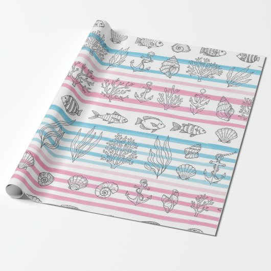 Retro Scheepvaart Waterverf Patroon (12) Cadeaupapier (Uitgerold)