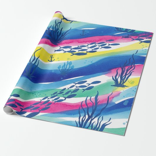 Retro Scheepvaart Waterverf Patroon (3) Cadeaupapier (Uitgerold)