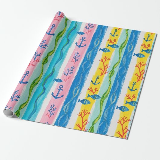 Retro Scheepvaart Waterverf Patroon (4) Cadeaupapier (Uitgerold)
