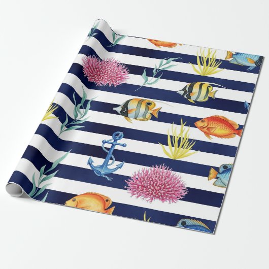 Retro Scheepvaart Waterverf Patroon (8) Cadeaupapier (Uitgerold)