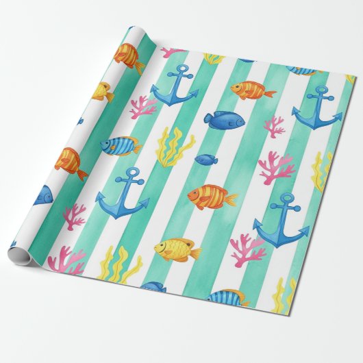 Retro Scheepvaart Waterverf Patroon (9) Cadeaupapier (Uitgerold)