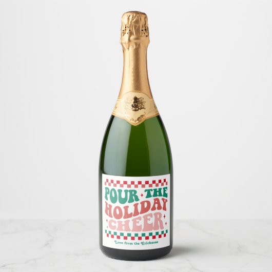 Retro “Schenk de feestvreugde” Kerstmis Sparkling Wijnetiket (Voorkant)