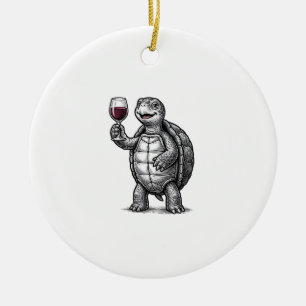 Retro Schildpad met Wijn Glas Shirt Ontwerp_1 Keramisch Ornament