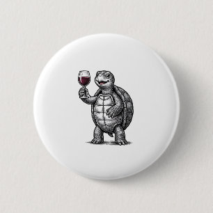 Retro Schildpad met Wijn Glas Shirt Ontwerp_1 Ronde Button 5,7 Cm