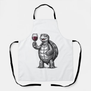 Retro Schildpad met Wijn Glas Shirt Ontwerp_1 Schort