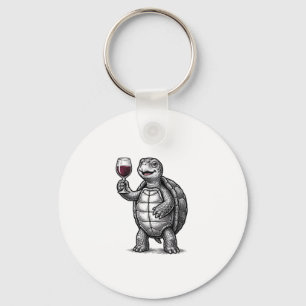 Retro Schildpad met Wijn Glas Shirt Ontwerp_1 Sleutelhanger