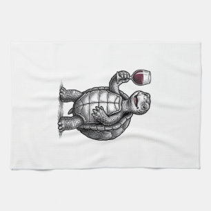 Retro Schildpad met Wijn Glas Shirt Ontwerp_1 Theedoek
