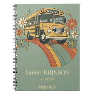 Retro schoolbus regenboog terug naar school 1e lee notitieboek