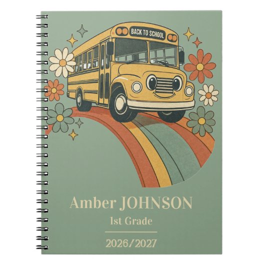 Retro schoolbus regenboog terug naar school 1e lee notitieboek (Voorkant)