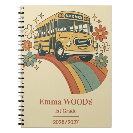 Retro schoolbus regenboog terug naar school 1e lee notitieboek (Voorkant)