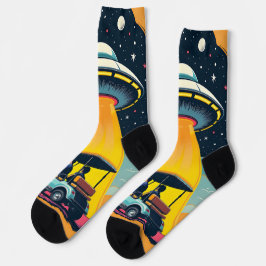 Retro Sci Fi Cartoon raketschip en golfkar Sokken