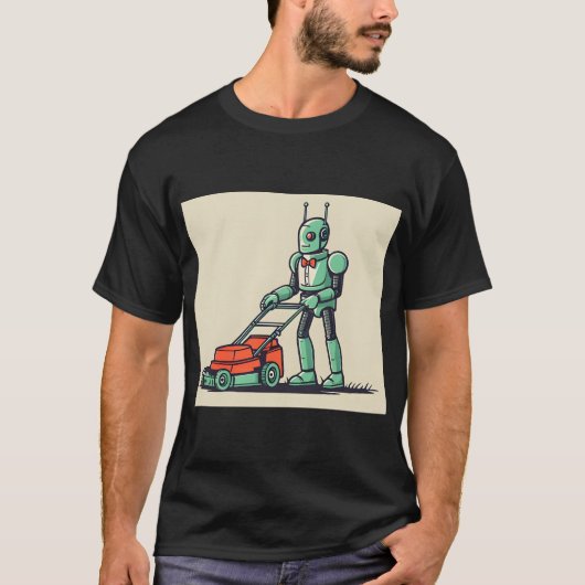 Retro Sci Fi Cartoon Robot en grasmaaier T-shirt (Voorkant)
