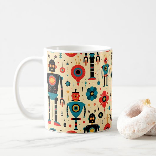 Retro Sci Fi Cartoon Robot Pattern Koffiemok (Met donut)