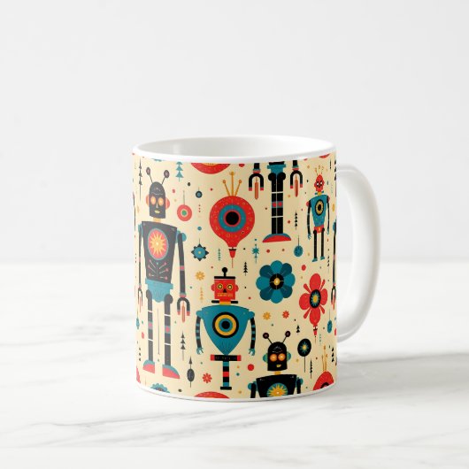 Retro Sci Fi Cartoon Robot Pattern Koffiemok (Voorkant rechts)
