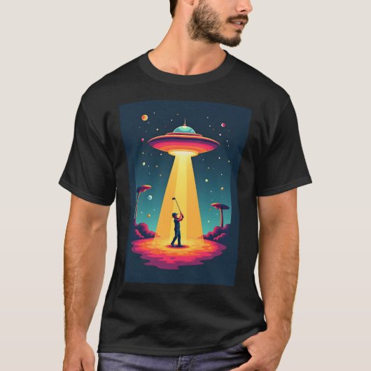 Retro Sci Fi Cartoon Rocket Ship en Golfer T-shirt (Voorkant)