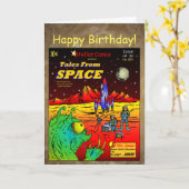 Retro Sci-Fi Comic Book Birthday Kaart (Gele Bloem)
