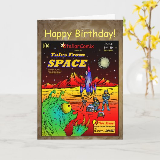 Retro Sci-Fi Comic Book Birthday Kaart (Gele Bloem)