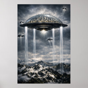 Retro Sci-Fi Fantasie Steden Van De Toekomst Kunst Poster
