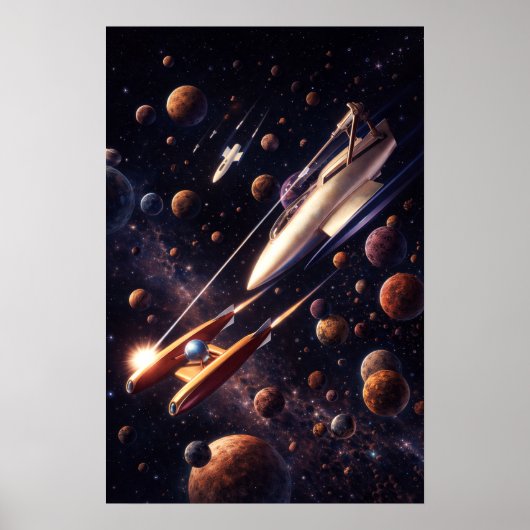 Retro Sci-Fi Fantasy Space Battle Art Poster (Voorkant)