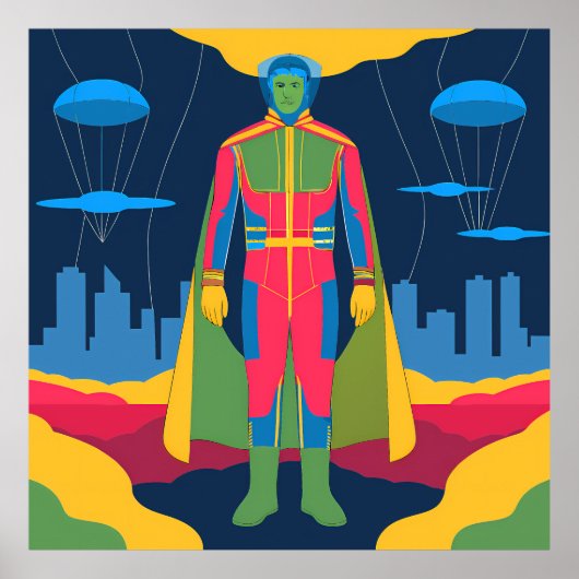 Retro Sci-Fi Hero Over Cityscape Poster (Voorkant)