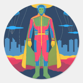 Retro Sci-Fi Hero Over Cityscape Ronde Sticker