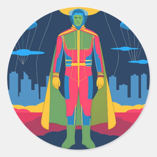 Retro Sci-Fi Hero Over Cityscape Ronde Sticker (Voorkant)