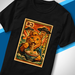 Retro Sci-Fi Japanse UFO Grappige Kat Eet Ramen T-shirt