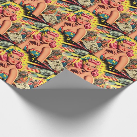 Retro Sci-fi Kitsch Meisje Cadeaupapier (Hoek)