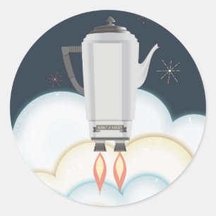 Retro sci-fi koffiespotpercolatorraket ronde sticker