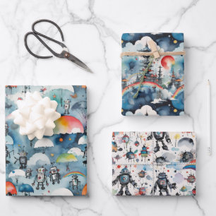 Retro Sci-Fi Robots in de ruimte Inpakpapier Vel