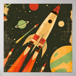 Retro Sci-Fi Rocket Space Illustration Design Poster