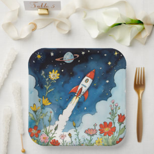 Retro Sci-Fi Rocketship boven een nachttuin Papieren Bordje