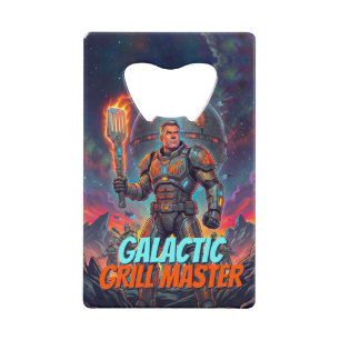 Retro Sci-Fi Ruimtevaarder Grilling Pop Art Strip Creditkaart Flessenopener