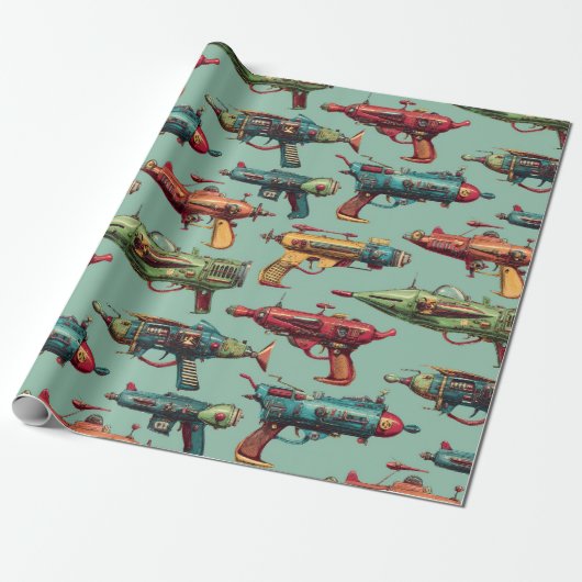 Retro Sci-Fi Straalpistoolpatroon Inpakpapier (Uitgerold)