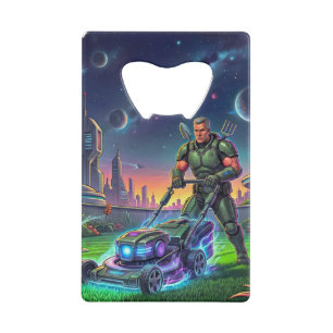 Retro Sci-Fi stripheld Astronaut Cosmasche Maaimac Creditkaart Flessenopener