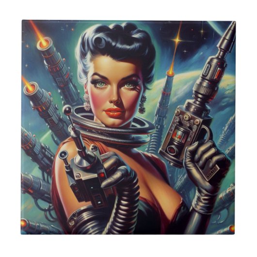 Retro Sci-Fi Vrouw Schilderen Tegeltje (Voorkant)