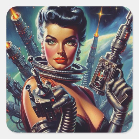 Retro Sci-Fi Vrouw Schilderen Vierkante Sticker (Voorkant)