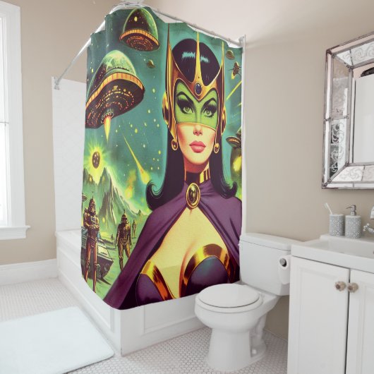 Retro Sci-Fi Woman Douchegordijn (In situ)