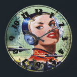 Retro Science Fiction Clock Grote Klok<br><div class="desc">Wetenschapsfictie heeft in de loop der jaren vele vormen aangenomen en heeft tot verbeelding geleid. Dit retro science fiction ontwerp uit het verleden van jaren is een interessante kijk op hoe dingen kunnen evolueren. Dit retro science fiction ontwerp ziet er geweldig uit op deze klok. Ideaal voor jezelf of als...</div>