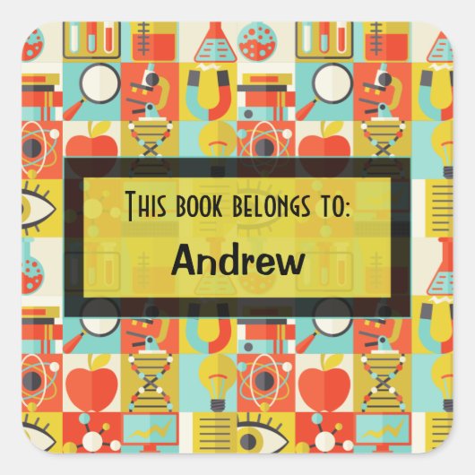 Retro Science Lab Gepersonaliseerde naamlabel voor Vierkante Sticker (Voorkant)