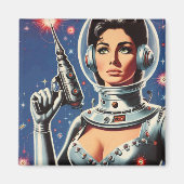 Retro sciencefiction-ruimtevaartmeisje magneet (Voorkant)