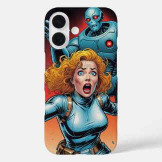 Retro Scifi Woman running from Robot iPhone 16 Hoesje