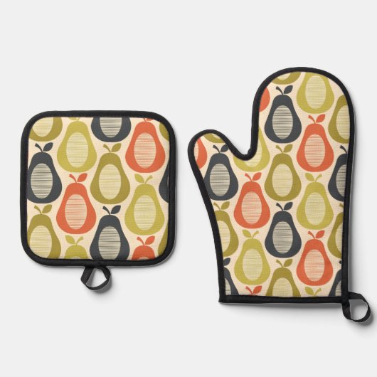 Retro Scribble Pears Patroon Ovenwant & Pannenlap Set (Voorkant)